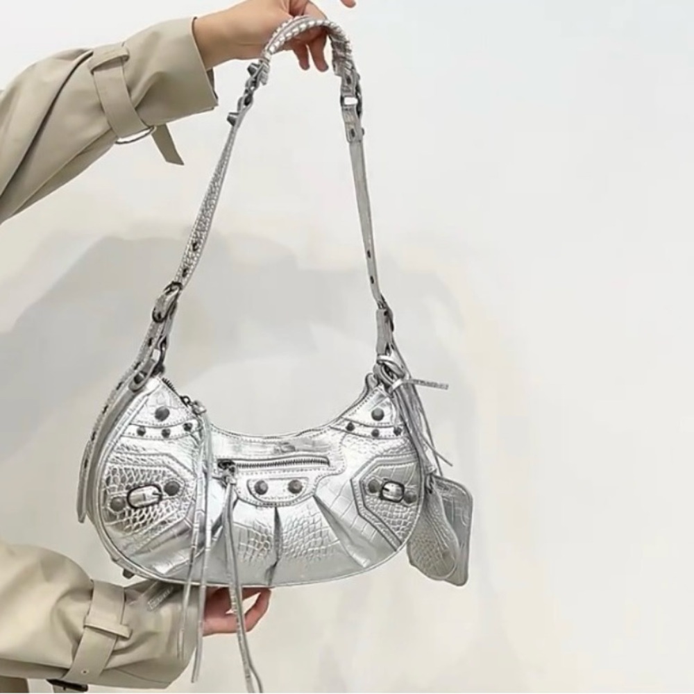 Silver Metallic Shoulder Bag Faux Croc with wallet NO BRAND la Cagole